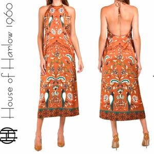 House of Harlow Satin Bird Halter Midi Dress Medium Resortwear Cruise Tropical